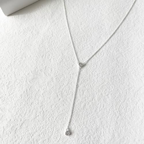 LULII Gold Necklace for Women Trendy Lariat Y Necklace Dainty 14k Gold Plated/Silver Long Necklaces for Women Layered Beaded Drop Necklaces Simple Y-Shaped Chain Jewelry Gifts - color: Y CZ Necklace-Silver