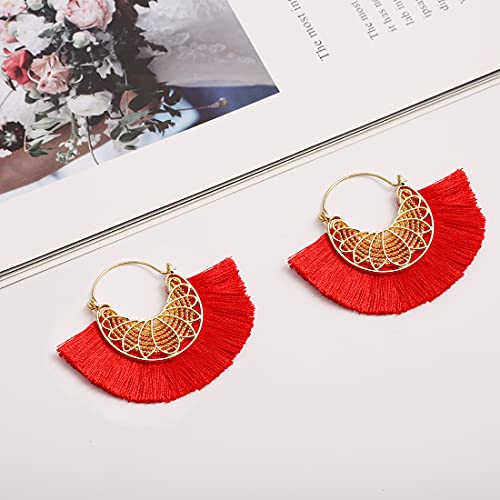 Tassel Hoop Earring Statement Thread Dangle Earrings Stylish Long Fringe Drop Earrings Lightweight Long Swingy French Hook Earrings for Women - color: B Red