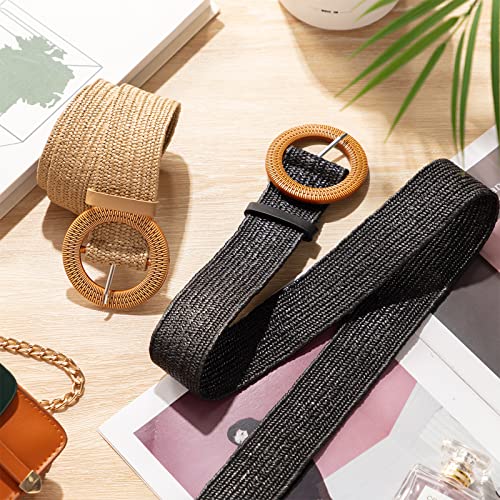 2 Pieces Women Straw Woven Elastic Stretch Waist Belt Skinny Dress Braided Waist Belt with Wooden Style Buckle - color: Black and Khaki