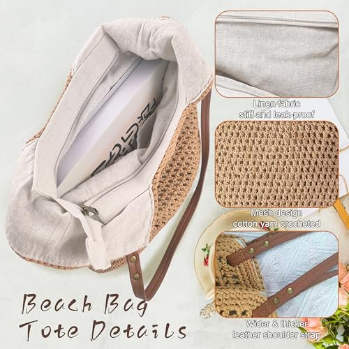 Crochet Beach Bag, Woven Tote Bag, Boho Bags for Women,Summer Purse with Zipper & Pocket - color: Khaki