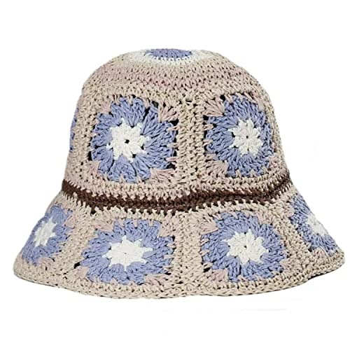 Women Straw Sun Hat Floral Woven Crochet Bucket Hat Y2k Aesthetic Accessories Beach Hat Hand Woven Boho Foldable Cap - color: Lavender