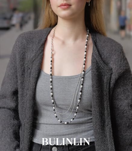 BULINLIN Layered Long Necklaces for Women Long Beaded Chain Necklace CostumeJewelry Mothers Day Gifts for Mom - color: 96-Black Grey
