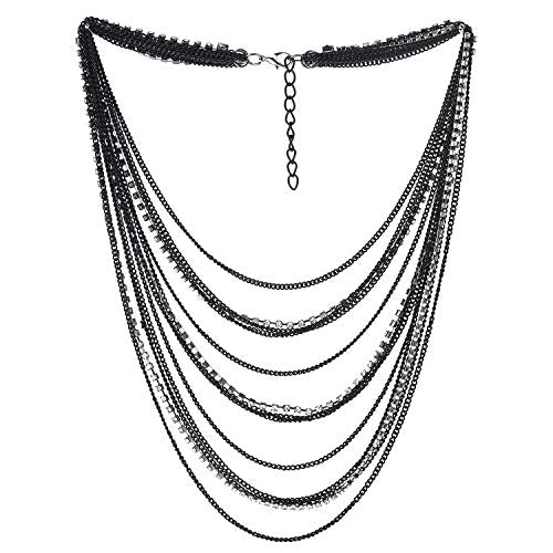 Waterfall Multi-Strand Chains Statement Collar Necklace with Rhinestones Chains, Dress - color: E-Metal Color: Black