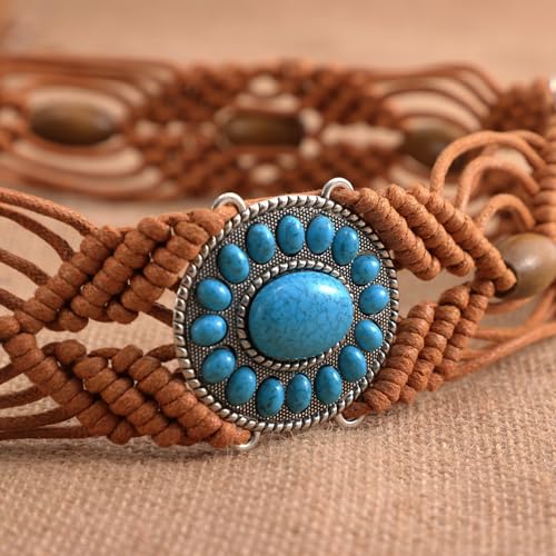 WHIPPY Boho Turquoise Belt for Women Wax Rope Braided Waist Belt Western Hand-Woven Bead Tassel Belts for Dress, 2” Wide - color: Brown