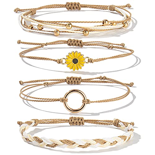 FANCY SHINY Easter Gifts Basket Stuffers Sunflower String Bracelet Boho Braided Rope Wrap Bracelets Cute Summer Beach Surfer Jewelry for Women - color: Sand