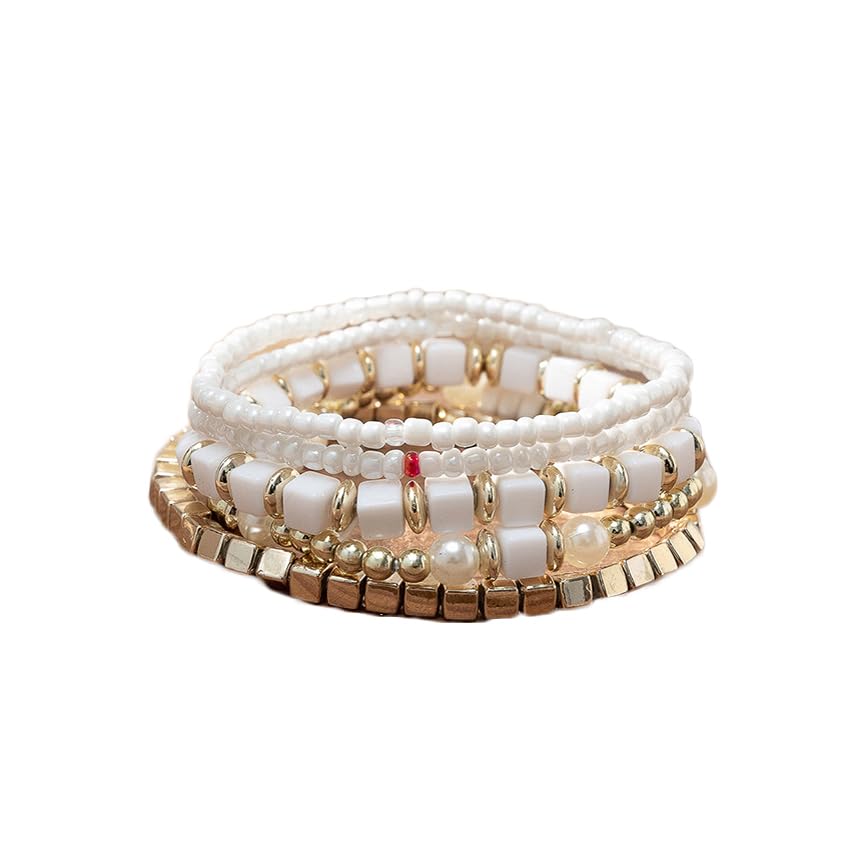 COLORFUL BLING 5Pcs/Set Bohemian Stackable Beads Bracelet for Women Multilayer Boho Seed Statement Stretch Strand Bracelet Friendship Women Jewelry - color: pink