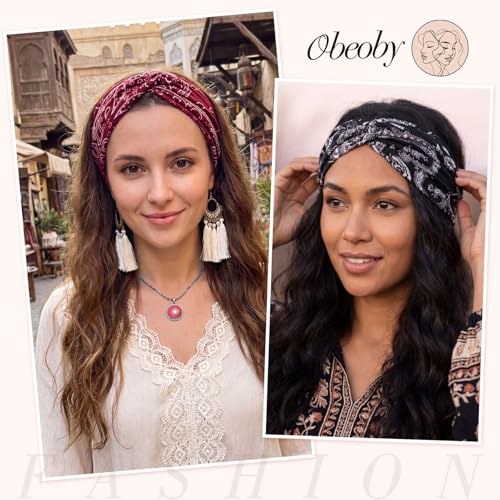 obeoby Boho Headbands for Hair Care, Non Slip Extra African Wide Hair Wrap Covering Thinning Hair Turban Headband for Boho Dresses - color: Bohemia