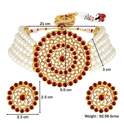 Aheli Pearl Diamond Choker Necklace & Round Earrings Gift for Women Indian Traditional Bollywood Fashion Bharatanatyam jewellery set - color: White & Maroon