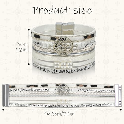 Leather Wrap Bracelet for Women, Boho Cuff Bracelet with Strong Clasp, Multi-Layer Crystal Leather Bracelet for Valentine Mother's Day - color: 02-Tree of Life-White