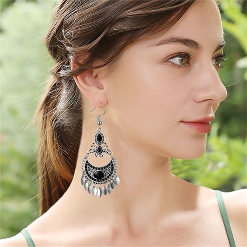 Vintage Boho Statement Drop Dangle Earrings for Women Bohemian Ethnic Handmade Beaded Charms Earring Bohemian Retro Chandelier Tassel Earrings Mexico Gypsy Jewelry Gift - color: Chandelier Earrings Black