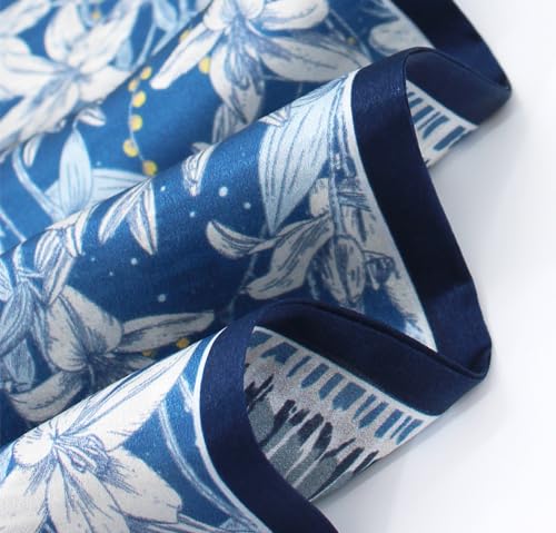 ANDANTINO 100% Silk Scarf for Women 59”*6.3” Long Shawls for Headscarf and Neck- Oblong Hair Wraps with Gift Packed - color: Blue&white Lilies