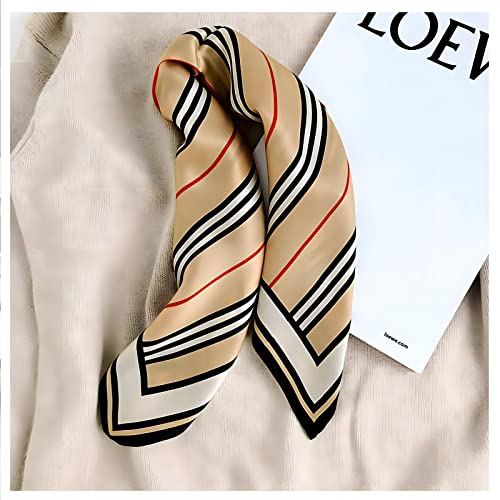 Ciormis 100% Mulberry Silk Scarf-Women's 21''/27''Square Silk Hair Head Scarf Neckerchief with Gift Packaged - color: 21''x 21''-style 01-khaki Stripe