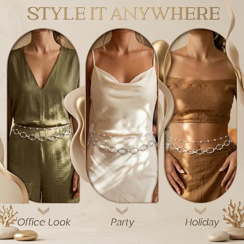 Florideco Waist Chain Belt for Women, Layered Belly Chain, Waterproof Boho Pearl Concho Cuban Body Chain, Adjustable Summer Beach Coachella Fashion Jewelry for Jeans Dresses - style: Silver Plated-Pearl Chain