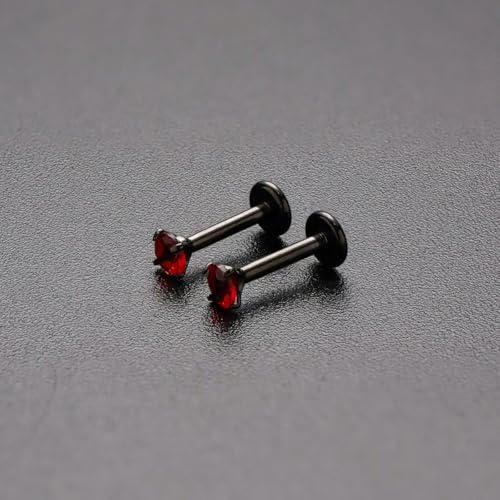 16G 18G Titanium Internal Thread CZ Stud Earrings Flat Back, Silver Black Tragus Helix Conch Cartilage Piercing Jewelry for Women Men 6mm 8mm 10mm Labret Studs 2PCS - color: Black, 16g, 8mm bar, 4mm Red CZ