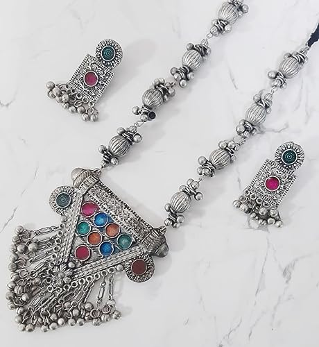 Designer Statement Afghani Antique Oxidised Silver Indian Party Ethnic Tassel Ghungroo Bells Tribal Gypsy Necklace Jewelry Set Women
