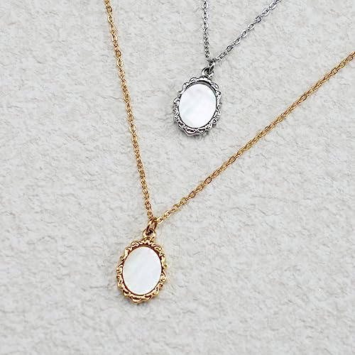 FarF&ME Dainty Mother of Pearl Necklace Gold Silver Oval Shell Pendant Cable Chain Vintage Retro Stackable Necklace Gift for Women