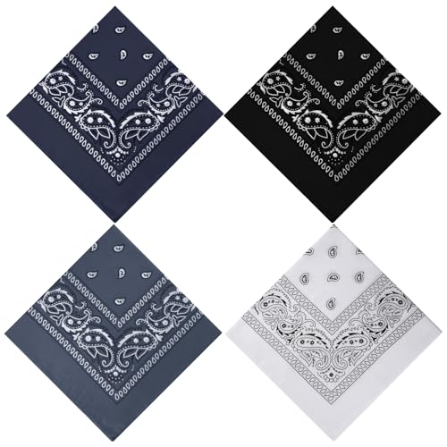 PLULON Bandanas for Men Women 4/12/24/30 Pack, Paisley Pattern Bandana Bulk Headbands Handkerchief Face Mask 100% Polyester - color: Black, Navy Blue, Gray, White