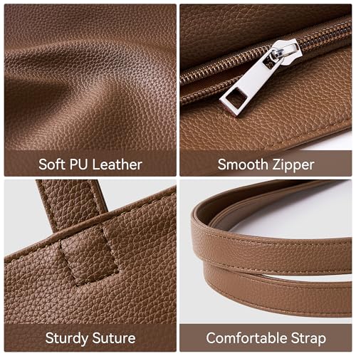 WLLWOO Soft Vegan Leather Tote Bag for Women Large Casual Hobo Handbags Zipper Shoulder Work Daily Weekender Travel Purse - color: Coffee