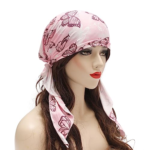 ZLYC Chemo Headwear Pre Tied Head Scarf Headwraps Lightweight Turban Beanie Cap for Women - color: Butterfly Pink