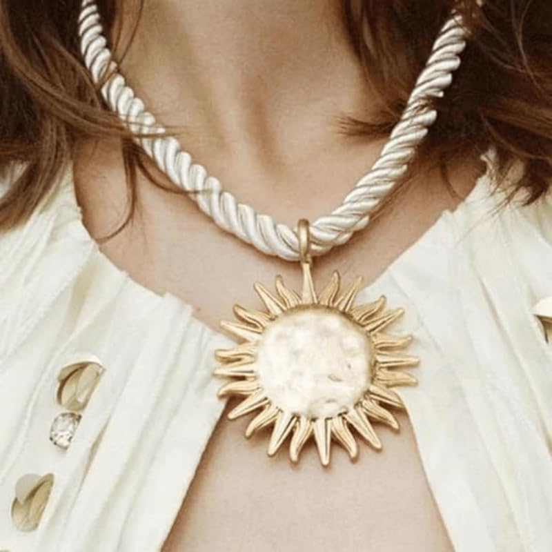Exquisite Gold Sun Pendant Beige Rope Necklace - Retro Round Coin Necklace - Ladies