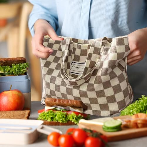 Kovewon 2PCS Corduroy Small Tote Bag for Women Cute Checkerboard Mini Tote Bag Preppy Aesthetic Reusable Bags for Grocery, Essentials, Water Bottle, Keys - color: Brown