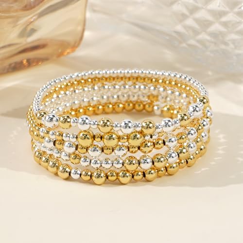 Gold Bracelets for Women Stackable 14K Gold Silver Plated Beaded Bracelets Stack Elastic Stretch Non Tarnish Bead Ball Stack Stretch Adjustable Dainty Jewelry Trendy Prom Gifts for Women - color: Gold Silver