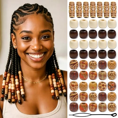NAISKA 60PCS Vintage Round Natural Wood Hair Beads for Braids Loc Dreadlock Jewelry Beads for Hair Wooden Multi Shape Beads for Necklace Bracelet Hair DIY Craft Handmade Decor