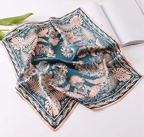 ANDANTINO 100% Mulberry Silk Scarf -21” Square Neckerchief with Gift Packed - color: 1-blue&pink Leaves