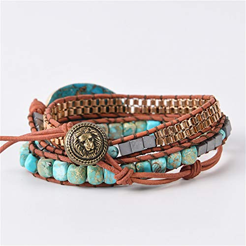 YGLINE Boho Handmade Wrap Leather Tube Crystal Stone Bracelet for Women - color: Turquoise