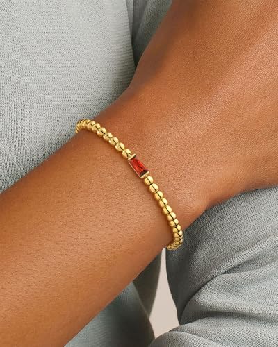 FUNEIA Birthstone Gold Beaded Bracelets for Women Non Tarnish Trendy Dainty 14K Gold Plated Cute Stackable Bead Stretch Friendship Bracelet Stack for Best Friend Couples Birthday Gifts Jewelry - color: 01. January(Garnet Bracelet), size: 6.5 Inches
