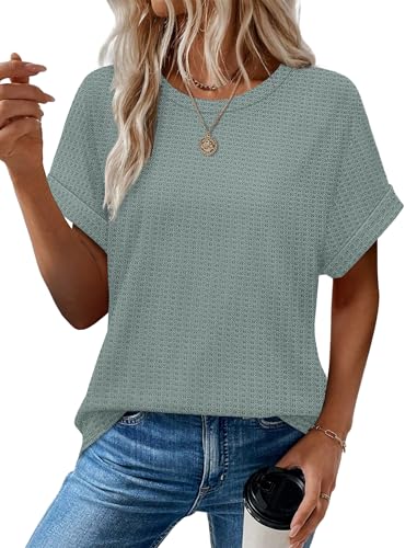 Sampeel Summer Tops for Women 2026 Trendy Rolled Short Sleeve Shirts Waffle Knit Crew Neck Tops Curved Hem Fashion Clothing - color: Agate Green, size: Medium
