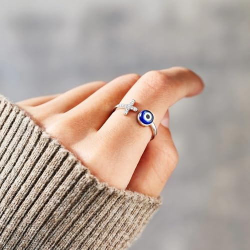 Adjustable Evil Eye Ring Silver Dainty Open Adjustable Rings Cross Evil Eye Jewelry for Women Energy Protection Ring