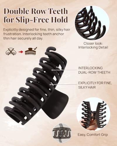 Mesovor 4 Pack Double Row Teeth Claw Clips for Thin Hair, 3.5" Medium Strong Hold Matte Hair Clips for Thin and Short Fine Hair Accessories (2pcs Black, 2pcs Dark Brown) - color: 2pcs Black, 2pcs Dark Brown