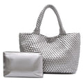 Handmade Woven Tote Bag for Women, Soft Vegan Leather Shoulder Bag with Purse, Large Travel Handbag - color: Silver