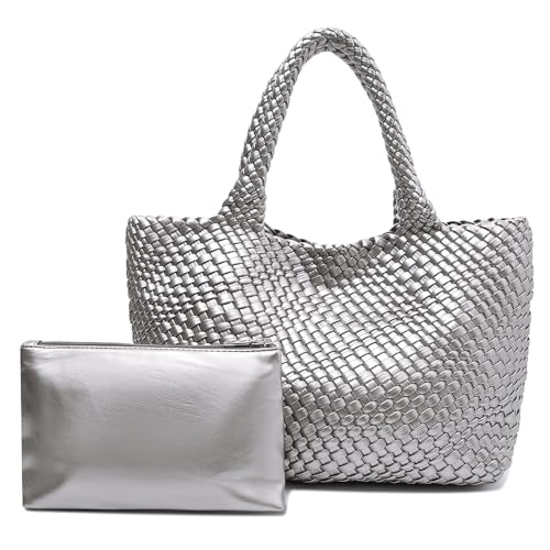 Handmade Woven Tote Bag for Women, Soft Vegan Leather Shoulder Bag with Purse, Large Travel Handbag - color: Silver