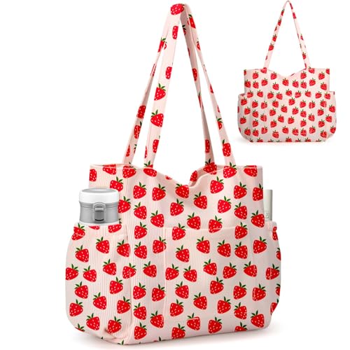 Corduroy Tote Bag for Women,Large Capacity Cute Tote Bags With 6 Pockets,Crossbody Shoulder Handbag for Work Travel Gym - color: Strawberry