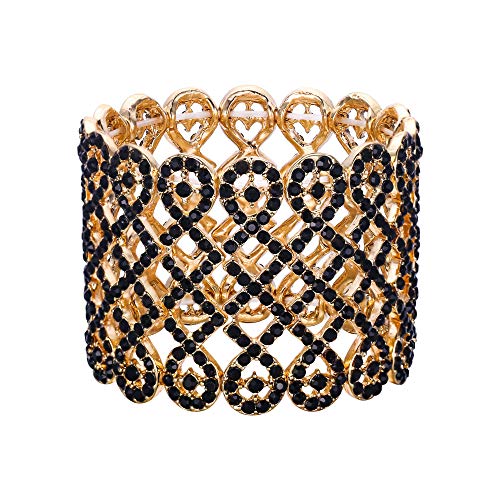 EVER FAITH Art Deco Love Knot Wide Stretch Bridal Bracelet Austrian Crystal - color: Black Gold-Tone