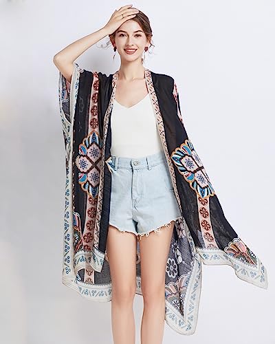 Kimonos for Women Casual Swimsuit Coverup Lightweight Boho Kimono Cardigans for Summer - color: Colorful Diamond Block