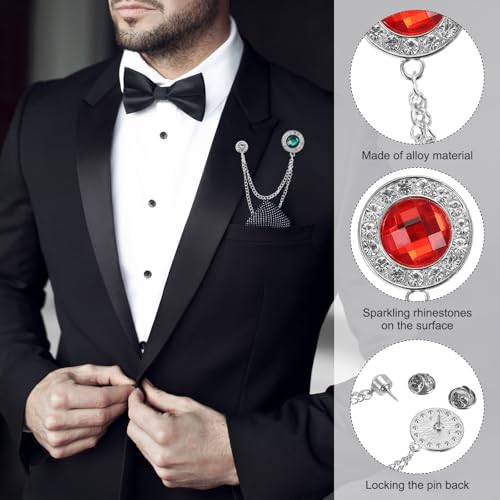 PATIKIL Gem Chain Brooch Pins, Hanging Chain Brooch Suit Pin Tassel Chain Round Crystal Badge Lapel Collar Pins for Men Shirts - color: Silver Tone(Red)
