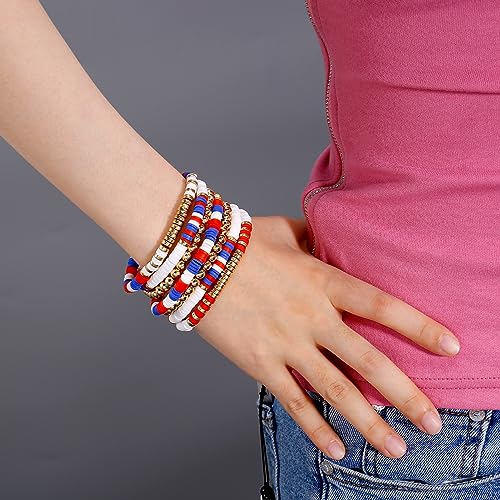 Elegance 11 designs Heishi Beaded Bracelets For Women Polymer Clay Colorful Surfer Stackable Beads Boho Bracelet Summer Beach Jewelry - color: Red white blue