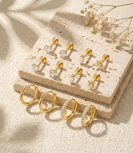 Incaton Hypoallergenic Flat Back Earrings for Women Silver 14K Gold Plated Surgical Stainless Steel Stud Earrings Cubic Zirconia Cartilage Studs Earrings For Multiple Piercing Sensitive Ears - color: K-Gold
