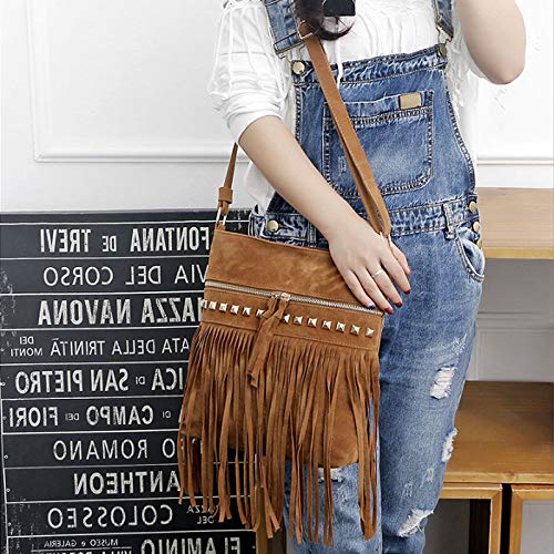 Hoce Women’s Leather Fringe Messenger Bag Large Hobo Crossbody Tassel Shoulder Bags, Gift for Mom Wife Girlfriend - color: E-brown