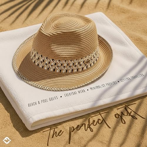 Funky Junque Straw Fedora Hats for Women - UPF 50+ Sun Hat, Short Brim Packable Beach Hat with Woven Pattern - color: Brown