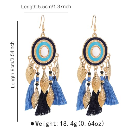 Bohemian Silk Tassels Statement Earrings Vintage Lightweight Gold Leaf Geometric Handmade Beads Drop Dangle Earring Ethnic Style Trendy Jewelry Accessories for Women - color: Black