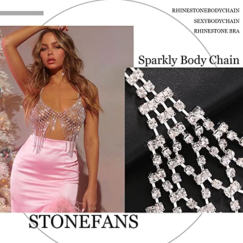 StoneFans Tassel Rhinestone Chest Chain Bra Body Jewelry for Women Silver Bikini Bra Body Chains Underwear Party (Silver1)