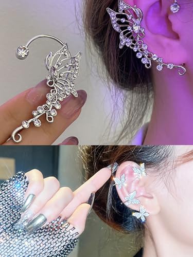 2Pcs Rhinestone Butterfly Earrings Ear Cuffs Non-Pierced Fake Earrings Butterfly Climber Wrap Around Earring Dainty Adjustable Ear Clip Jewelry for Women - color: StyleA-2 Pairs-Silver