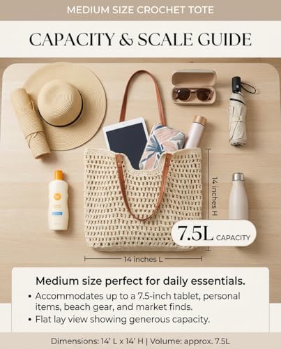 Crochet Beach Bags for Women, Reinforced Strap Woven Tote Bag with Zipper, Lined Boho Summer Vacation Travel Purse - color: Beige