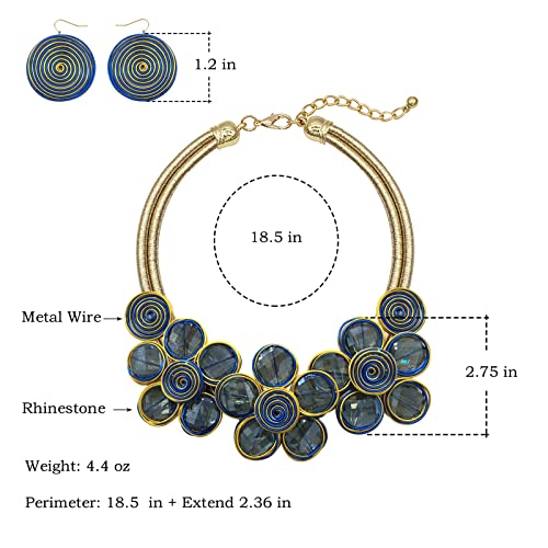 Statement Chunky Flower African Necklace For Women Tribal Fashion Costume Jewelry Earring Sets Unique Big Colorful Rhinestone Crystal Pendent Collar Choker Bib Handmade - color: Bib blue plus gold
