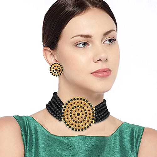 Aheli Pearl Diamond Choker Necklace & Round Earrings Gift for Women Indian Traditional Bollywood Fashion Bharatanatyam jewellery set - color: Black 2