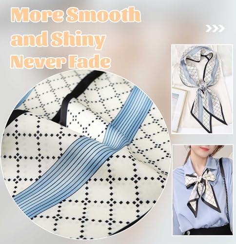 kcctoo 59" Mulberry Silk Like Head Scarf Women's Fashion Square Neck Satin Scarfs for Bag Hair Scarves Gift 59 * 5.9” - color: I05-blue Black /Plaid